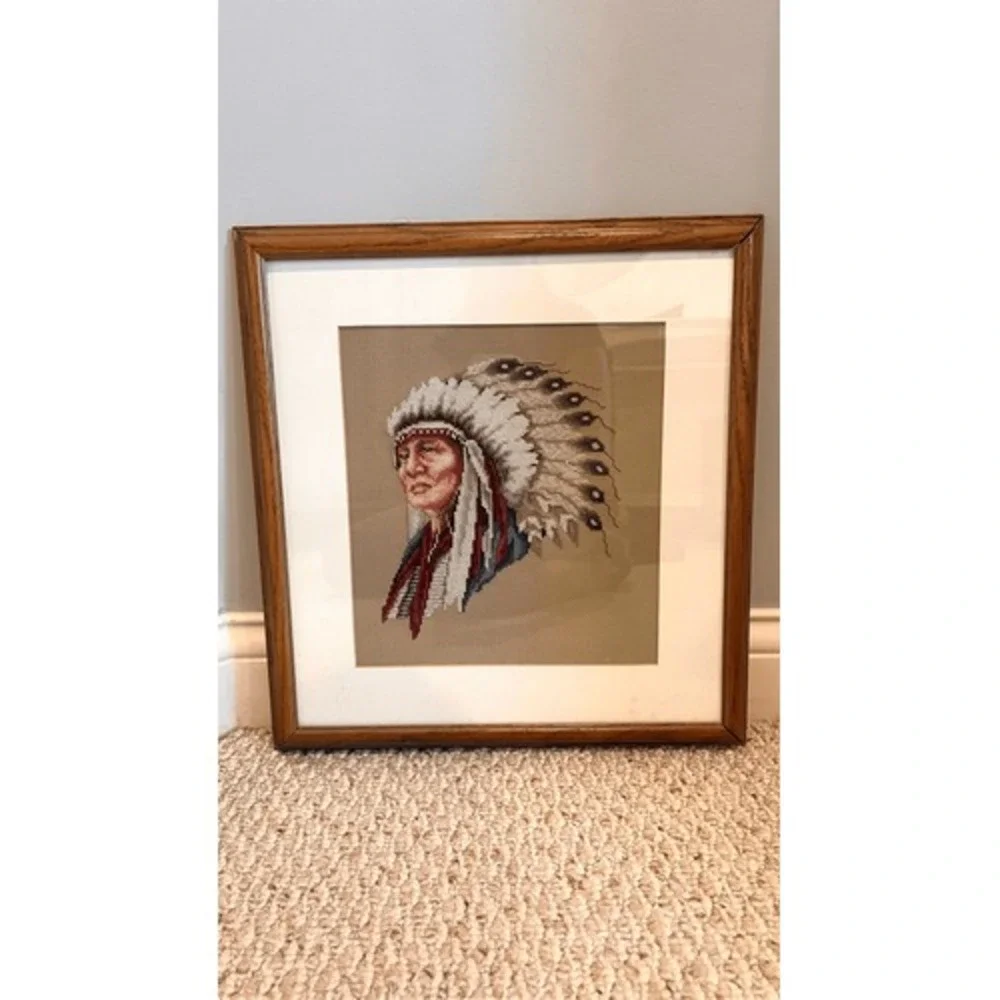Vintage Hollow Horn Bear Cross Stitch Framed Native American Portrait 1992 15x15